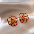 Gold Plated Copper Enamel Flower Stud Earrings With Silver Pins, Vintage Elegant Light Luxury Jewelry view 3