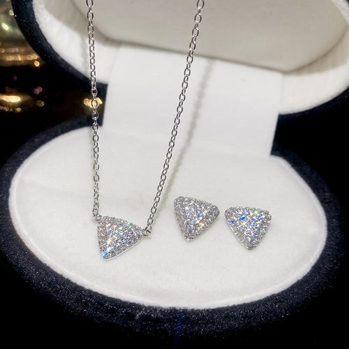 Korean Light Luxury Copper Zircon Triangle Earrings Necklace Jewelry Set For Women