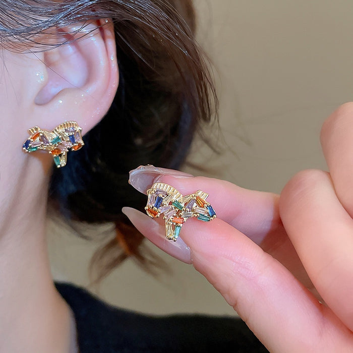 Gold Plated Copper Horse Zircon Stud Earrings With Silver Posts, Light Luxury Zodiac Jewelry – Gold