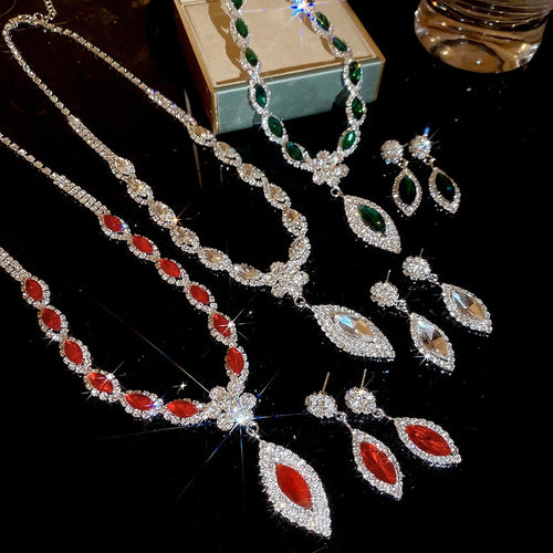 Light Luxury Court Style Copper Rhinestone Flower Teardrop Stud Earrings Necklace Jewelry Set For Women