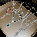 Light Luxury Court Style Copper Rhinestone Flower Teardrop Stud Earrings Necklace Jewelry Set For Women view 3