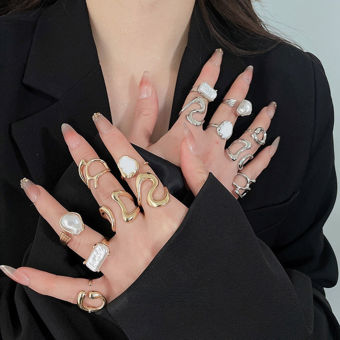 European Style Metal Pearl Open Ring, Geometric Oval Adjustable Index Finger Jewelry