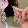 Copper Zircon Square Teardrop Tassel Stud Earrings With Silver Pin French Court Style view 2