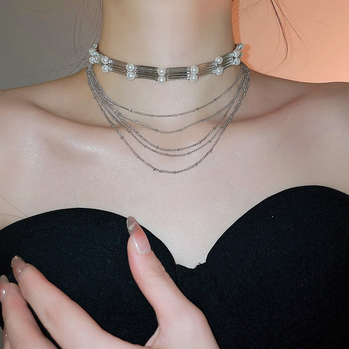 Old Money Style Multilayer Faux Pearl Tassel Choker Necklace For Women