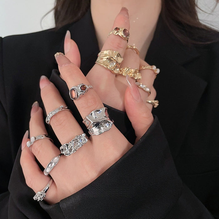 Wrinkled Rhinestone Resin Open Ring Jewelry Set For Women, Geometric Minimalist Luxury Style
