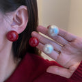 Light Luxury Wine Red Cherry Round Ball Enamel Pearl Bead Studs For Elegant Women's Fashion Earrings view 2