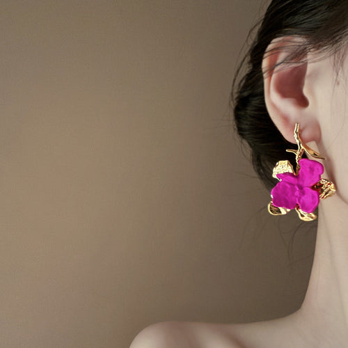 Light Luxury Painted Flower Alloy Drop Earrings With Silver Needle Posts For Women