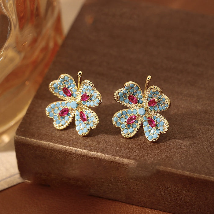 Vintage Light Luxury Alloy Rhinestone Flower Stud Earrings For Women Accessories