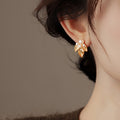 French Vintage Leaf Faux Pearl Stud Earrings Elegant Floral Design For Women view 3