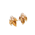 French Vintage Leaf Faux Pearl Stud Earrings Elegant Floral Design For Women view 5