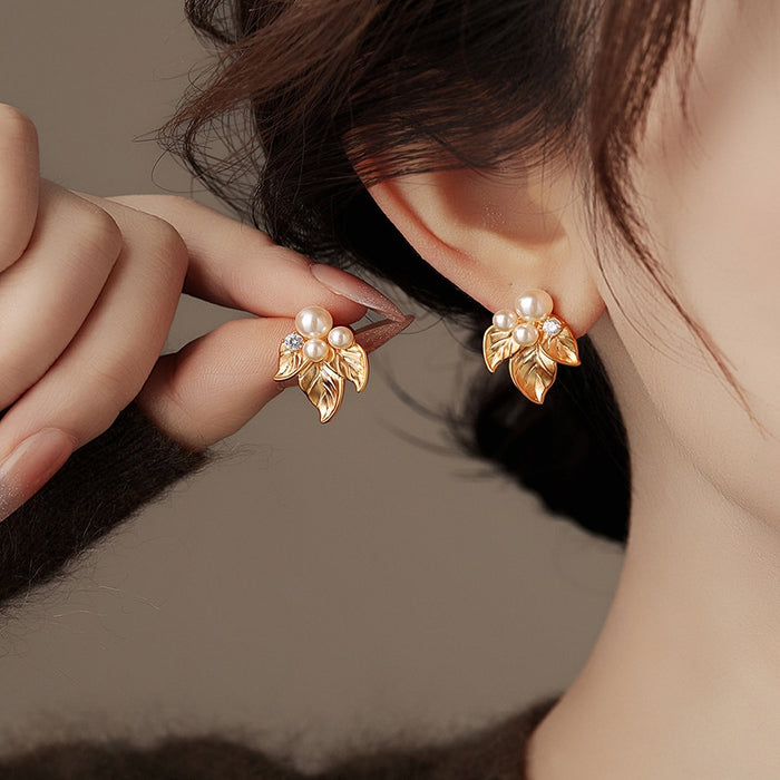 French Vintage Leaf Faux Pearl Stud Earrings Elegant Floral Design For Women