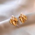 French Vintage Leaf Faux Pearl Stud Earrings Elegant Floral Design For Women view 4