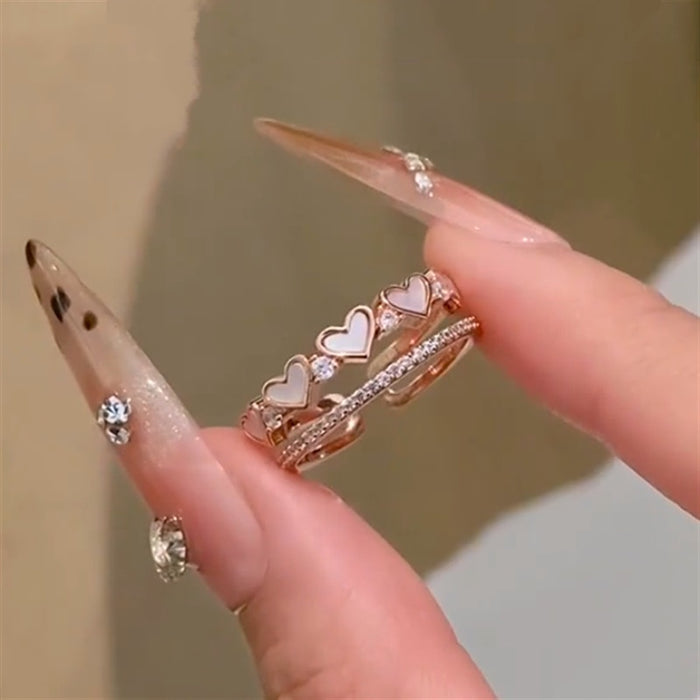 Light Luxury Copper Heart Ring With Zircon And Mother Of Pearl Double Layer Open Design