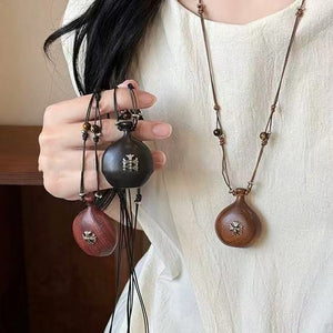 Wooden Heart Gourd Pendant Sweater Necklace Ethnic Casual Oval Geometric Statement Chain