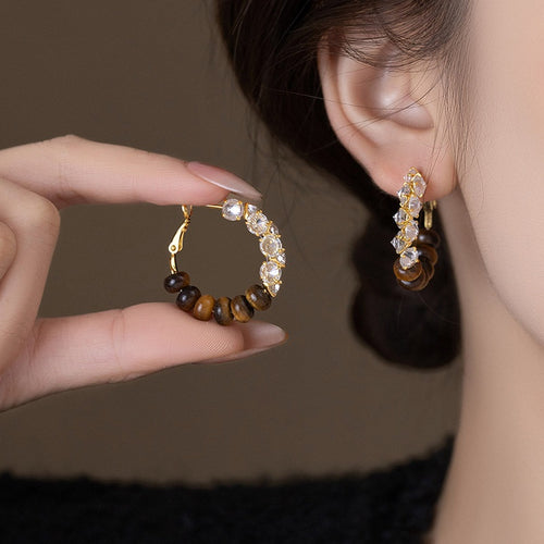 Maillard Style Tiger Eye Stone Zircon Round Hoop Earrings With Sterling Silver Posts