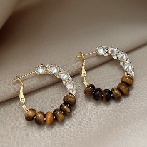 Maillard Style Tiger Eye Stone Zircon Round Hoop Earrings With Sterling Silver Posts