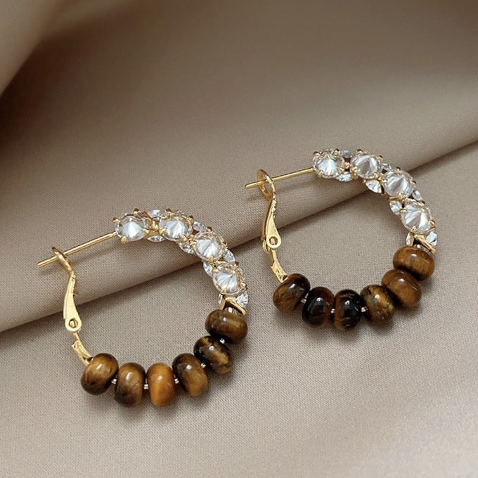 Maillard Style Tiger Eye Stone Zircon Round Hoop Earrings With Sterling Silver Posts