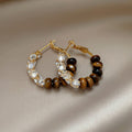 Maillard Style Tiger Eye Stone Zircon Round Hoop Earrings With Sterling Silver Posts view 3