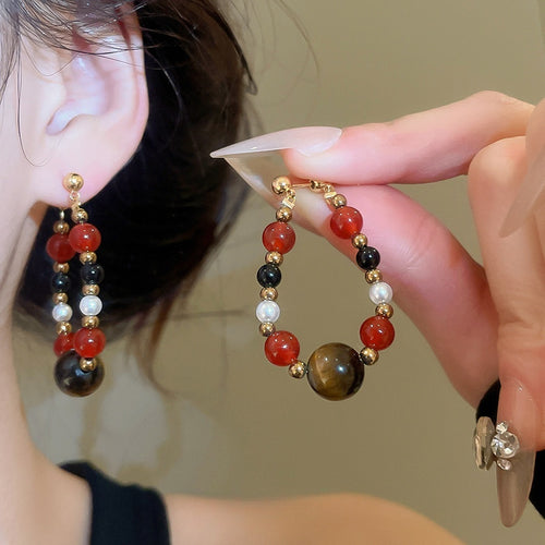 Silver Needle Round Tiger Eye Stone Pearl Maillard Vintage Drop Earrings