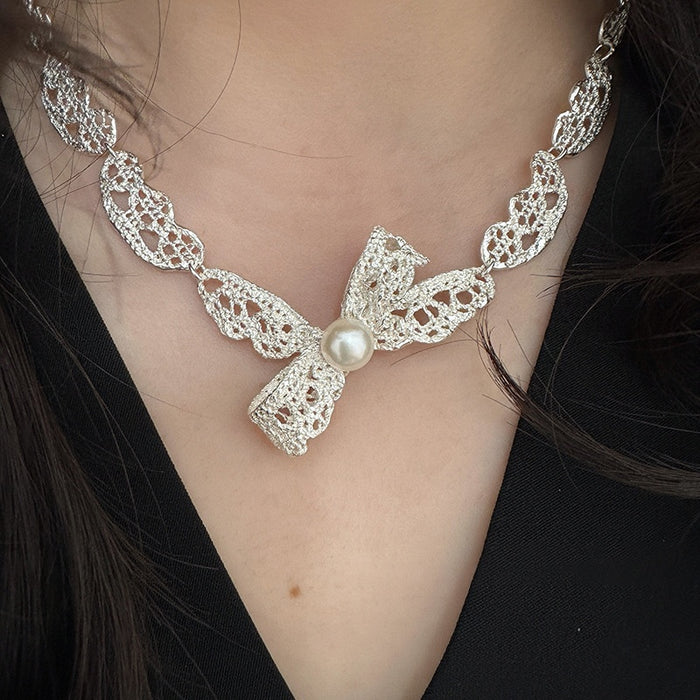 Alloy Pearl Bow Pendant Sweater Necklace, Sweet Casual Clavicle Chain For Women