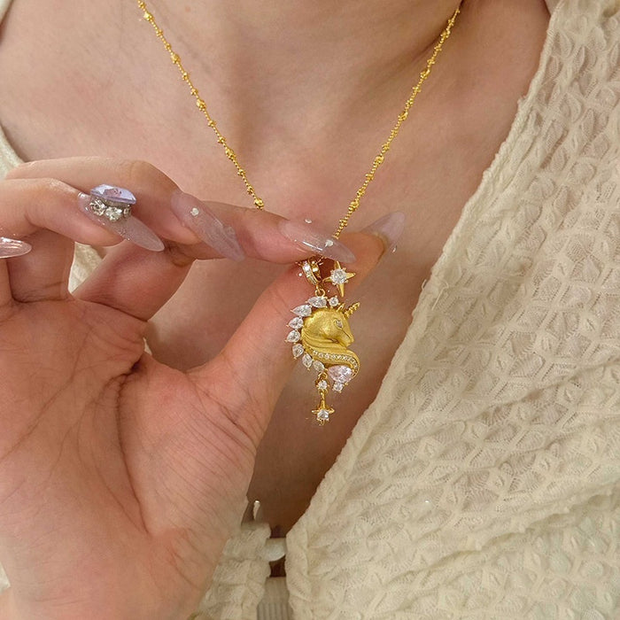 18K Gold Plated Copper Zircon Horse Zodiac Necklace Vintage Palace Style Collarbone Chain