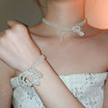 Stainless Steel Bow Faux Pearl Beaded Necklace Bracelet Jewelry Set For Women view 1