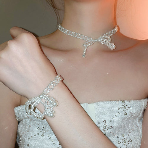Stainless Steel Bow Faux Pearl Beaded Necklace Bracelet Jewelry Set For Women
