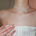 Stainless Steel Bow Faux Pearl Beaded Necklace Bracelet Jewelry Set For Women view 3