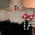 Rhinestone Flower Faux Pearl Necklace Earrings Jewelry Set For Women Elegant Light Luxury view 3