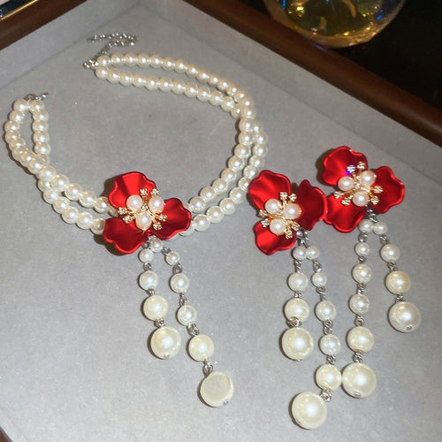 Rhinestone Flower Faux Pearl Necklace Earrings Jewelry Set For Women Elegant Light Luxury