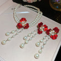 Rhinestone Flower Faux Pearl Necklace Earrings Jewelry Set For Women Elegant Light Luxury view 4