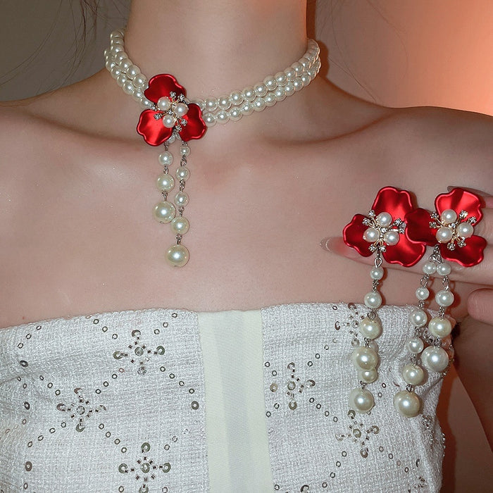 Rhinestone Flower Faux Pearl Necklace Earrings Jewelry Set For Women Elegant Light Luxury