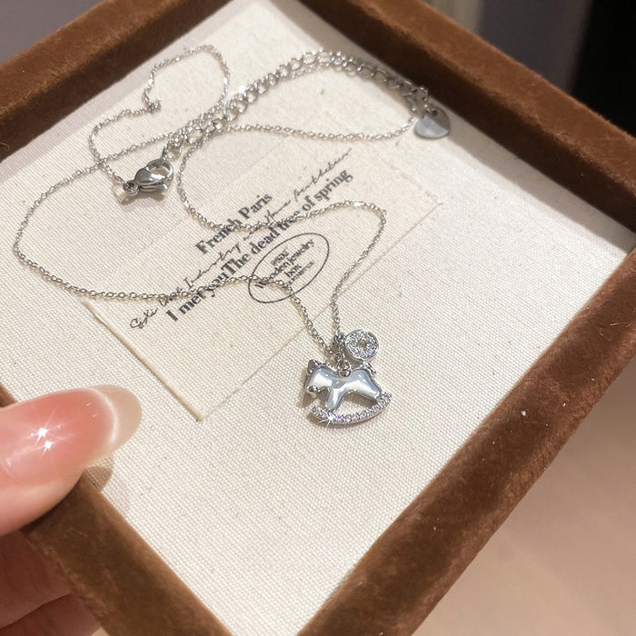 Light Luxury Copper Zircon Mother Of Pearl Horse Pendant Necklace New Chinese Style Collarbone Chain