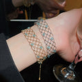 Elegant Copper Crystal Beaded Hollow Geometric Quadrilateral Bangle Bracelet view 1