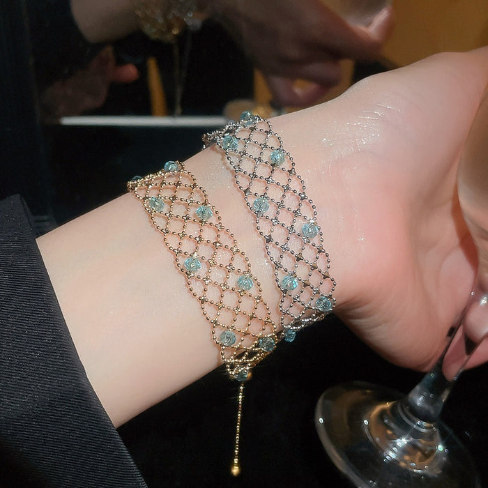 Elegant Copper Crystal Beaded Hollow Geometric Quadrilateral Bangle Bracelet