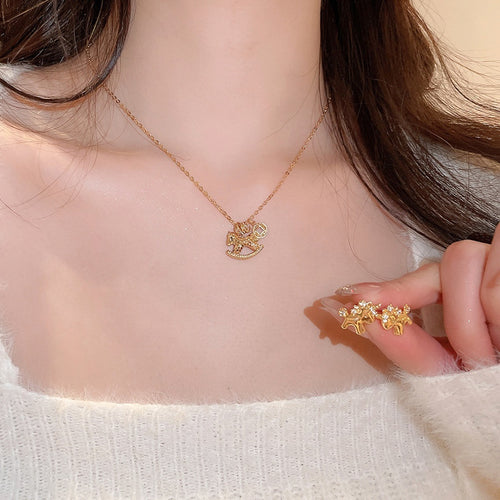 Gold Plated Copper Coin Horse Earrings Necklace Jewelry Set For Women Light Luxury OL Style