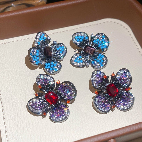 Copper Zircon Floral Butterfly Drop Earrings Light Luxury Vintage Women's Ear Jewelry