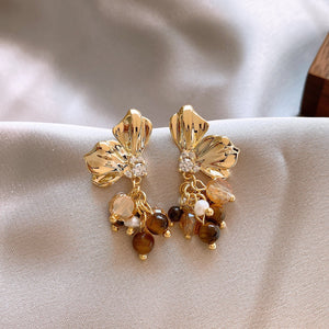 Copper Zircon Petal Tiger Eye Flower Drop Earrings French Light Luxury Minimalist Style