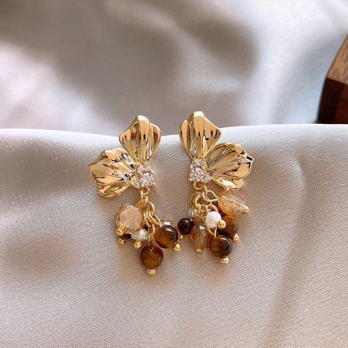 Copper Zircon Petal Tiger Eye Flower Drop Earrings French Light Luxury Minimalist Style