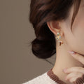 Copper Zircon Petal Tiger Eye Flower Drop Earrings French Light Luxury Minimalist Style view 4