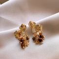 Copper Zircon Petal Tiger Eye Flower Drop Earrings French Light Luxury Minimalist Style view 3
