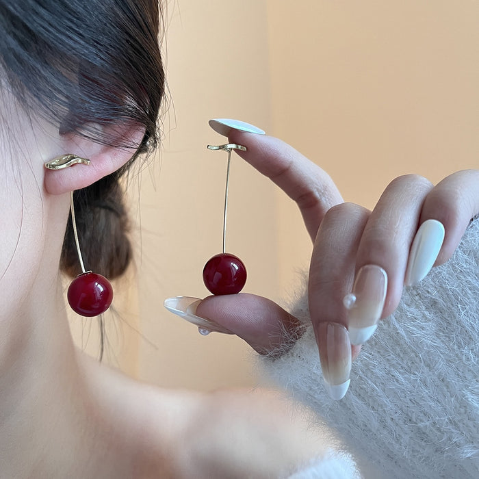 Elegant Red Cherry Long Drop Alloy Statement Earrings For Women, Sweet New Year Dangle Earrings