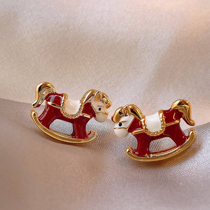 Alloy Silver Needle Enamel Horse Drop Earrings, New Chinese Light Luxury OL Style Jewelry