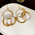 French Vintage Zircon Round Interlocking Faux Pearl Hook Earrings Light Luxury Geometric Design view 2