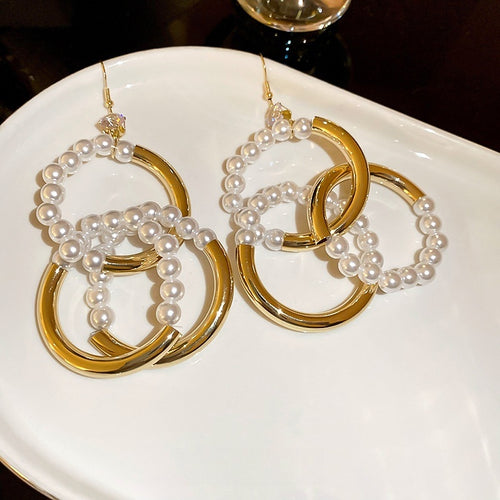 French Vintage Zircon Round Interlocking Faux Pearl Hook Earrings Light Luxury Geometric Design