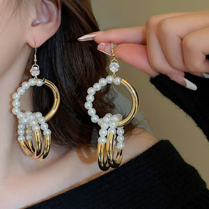 French Vintage Zircon Round Interlocking Faux Pearl Hook Earrings Light Luxury Geometric Design