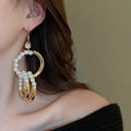 French Vintage Zircon Round Interlocking Faux Pearl Hook Earrings Light Luxury Geometric Design view 3