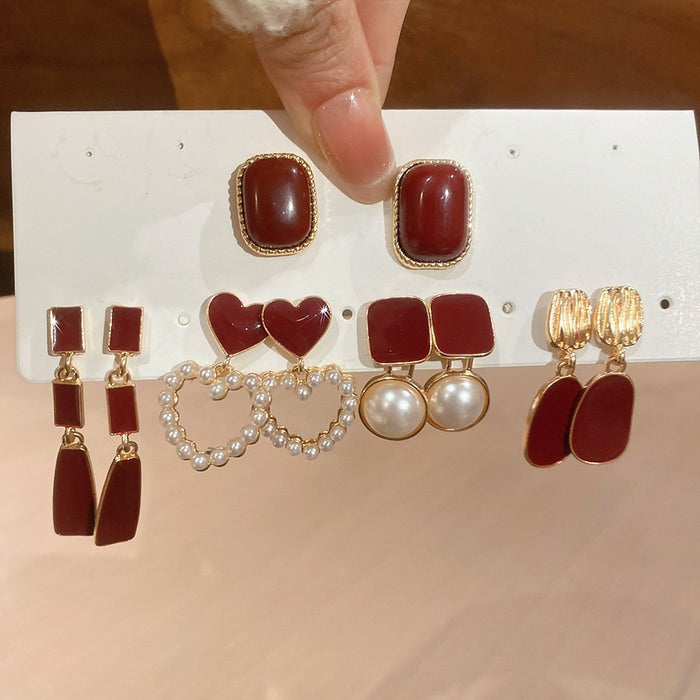 Old Money Heart Faux Pearl Silver Needle Red Stud Earrings Jewelry Set For Women