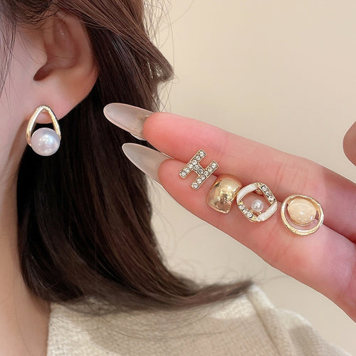 Light Luxury Geometric Faux Pearl Cat Eye Rhinestone Stud Earrings Jewelry Set – Gold