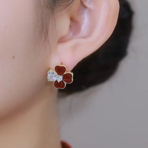 18K Gold Plated Copper Zircon Heart Flower Stud Earrings With Silver Pins, Light Luxury Court Style
